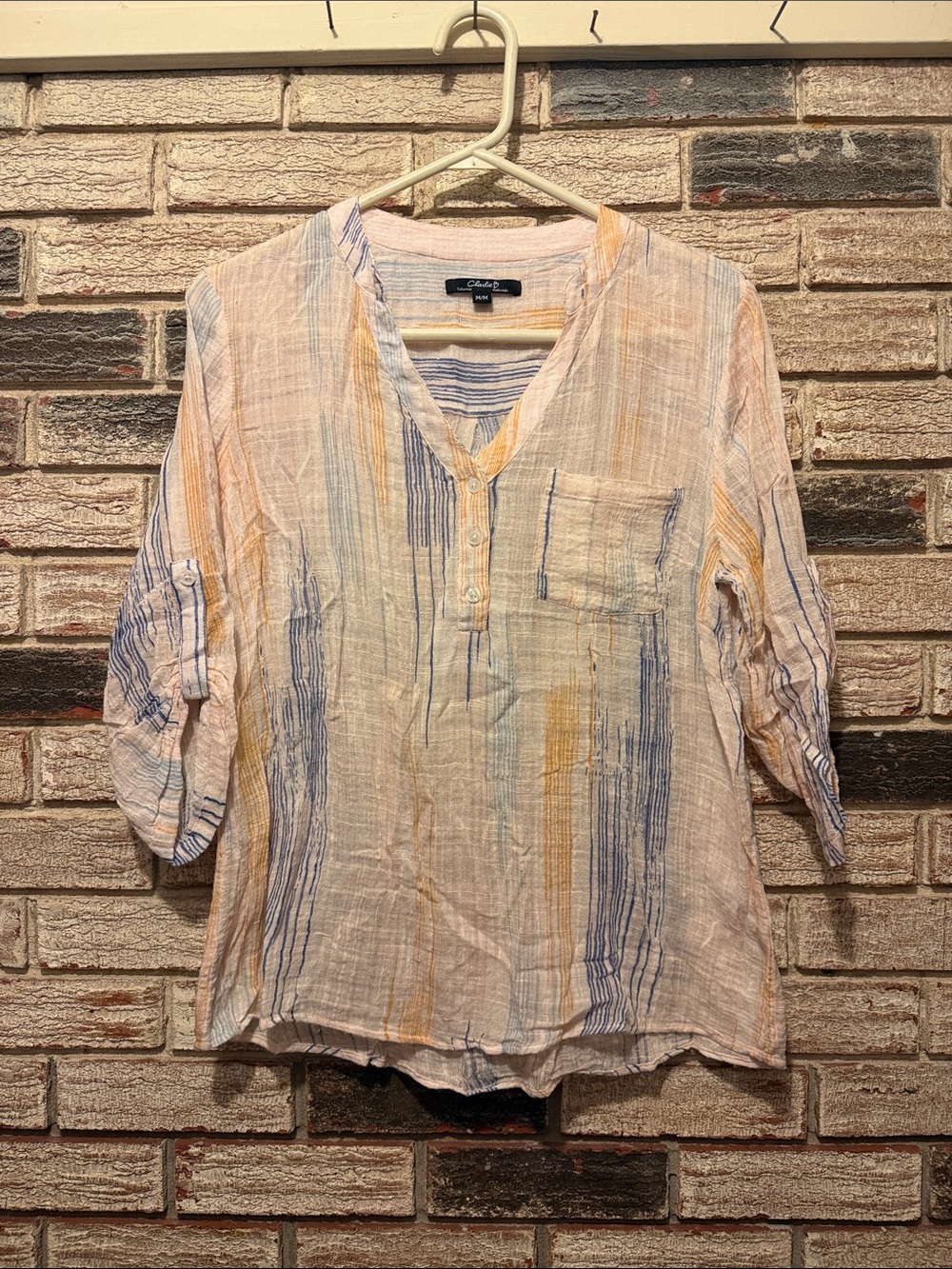 CHARLIE B Lightweight Striped V-Neck Tunic in Blue & Yellow